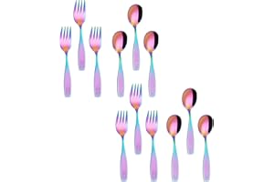 ANNOVA Kids Silverware Children's Safe Flatware Set Stainless Steel - Forks, Dinner Spoons, Toddler Utensils (Engraved Dog Bunny) (UV Rainbow,12 Pieces)