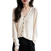 Ciovkis Women's Merino Wool Blend Cardigan V-Neck Fall Winter Long Sleeve First-Line Ready to Wear Seamless Knit Cardigan