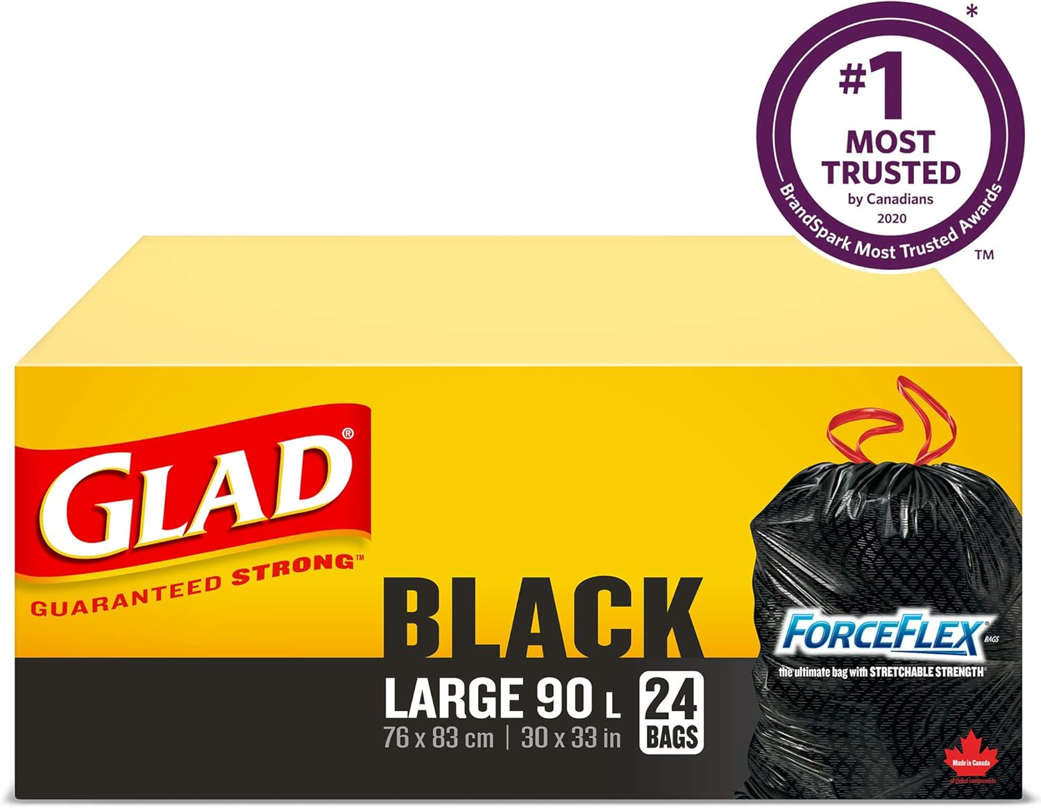 Glad Black Garbage Bags Large 90 Litres ForceFlex, Drawstring, 24