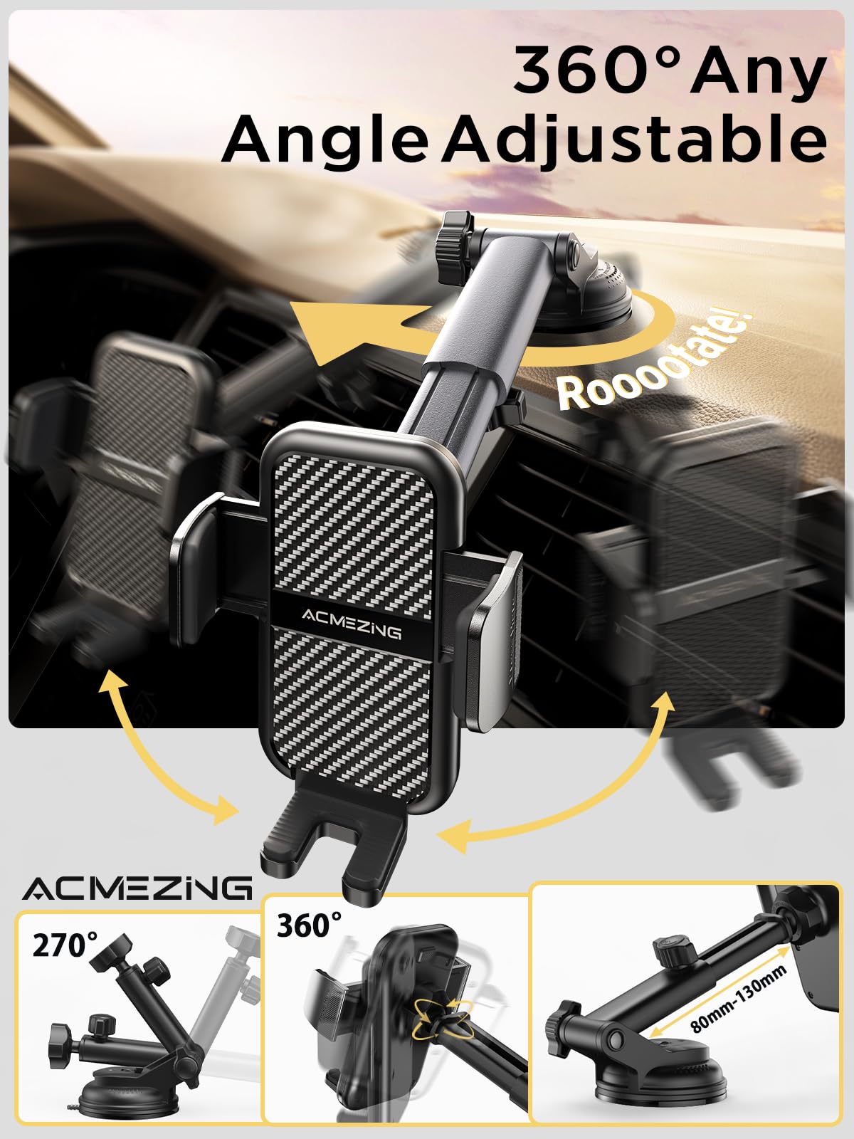 3-in-1 Car Phone Holder [122+LBS Strongest Suction & Stable Clamp Arm] 360° Adjustable Car Phone Mount, Cell Phone Holders for Your Car for Dashboard Vent, All Smartphones & Car Models (Silver)