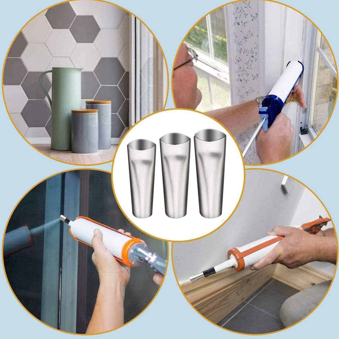 Cingfanlu 6 in 1 Silicone Caulking Tools, Caulking Tool Set Stainless Steel Sealant Caulk Nozzle Kit, Applicator Finisher Kit Sealant Finishing Tool, Caulk Scraper for Kitchen Window Sink Joint - - 