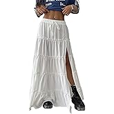 OYOANGLE Women's Elastic Waist Tie Front Tiered Ruffle Hem Long Maxi Skirt Y2K Split Thigh Flowy Skirts