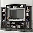 ROMSHINE Wall Unit Entertainment Center, TV Wall Units for Living Room with Storage, 102" W Large Farmhouse TV Stand with Glass Doors, Ajustable Bookshelf & Bridge for Bedroom, Black