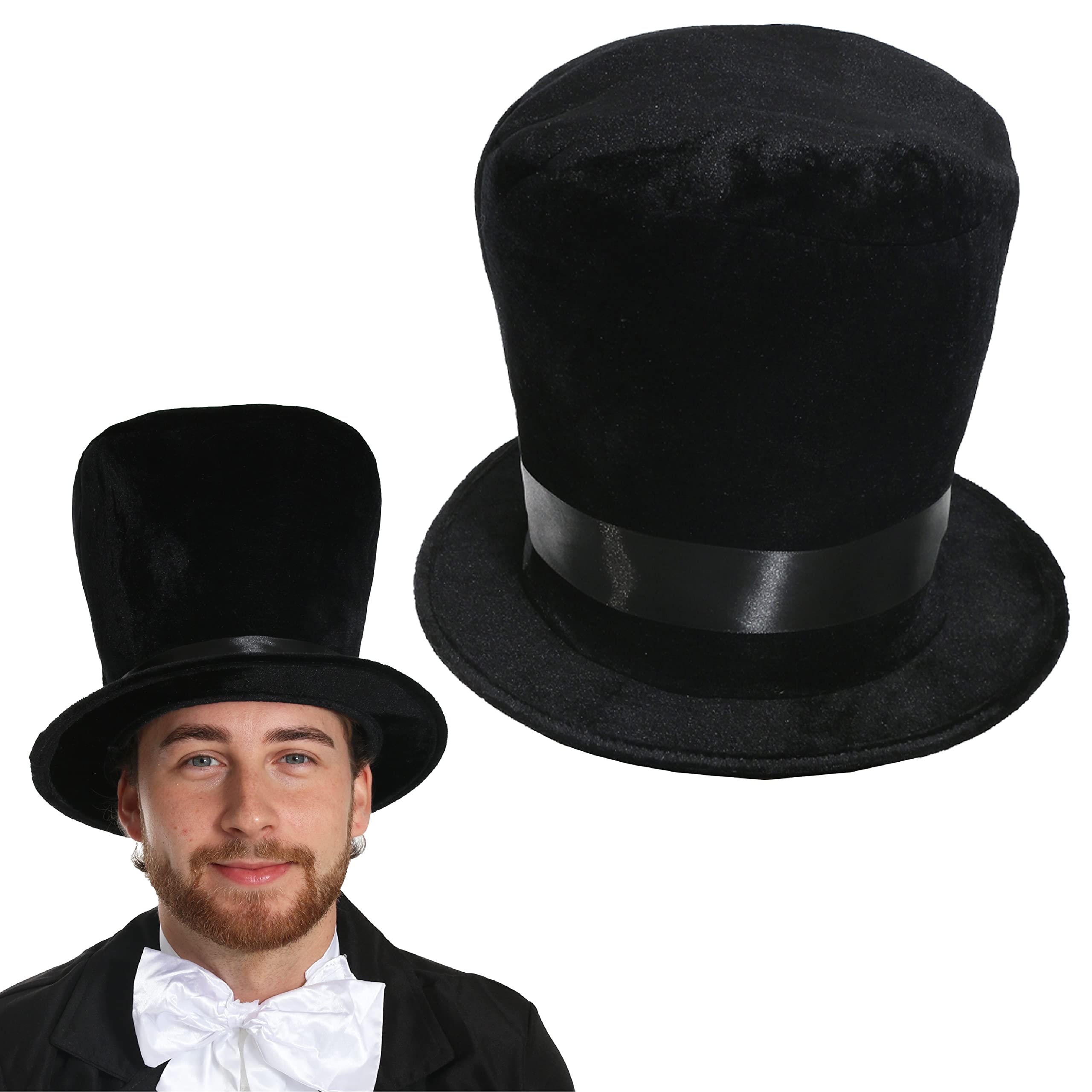 Adults Victorian Top Hat Costume Accessory - Pack of 1 - Soft Black Plush 60cm Top Hat with Black Satin Band - Mens Womens Victorian Gentleman Historical Fancy Dress Costume Accessory