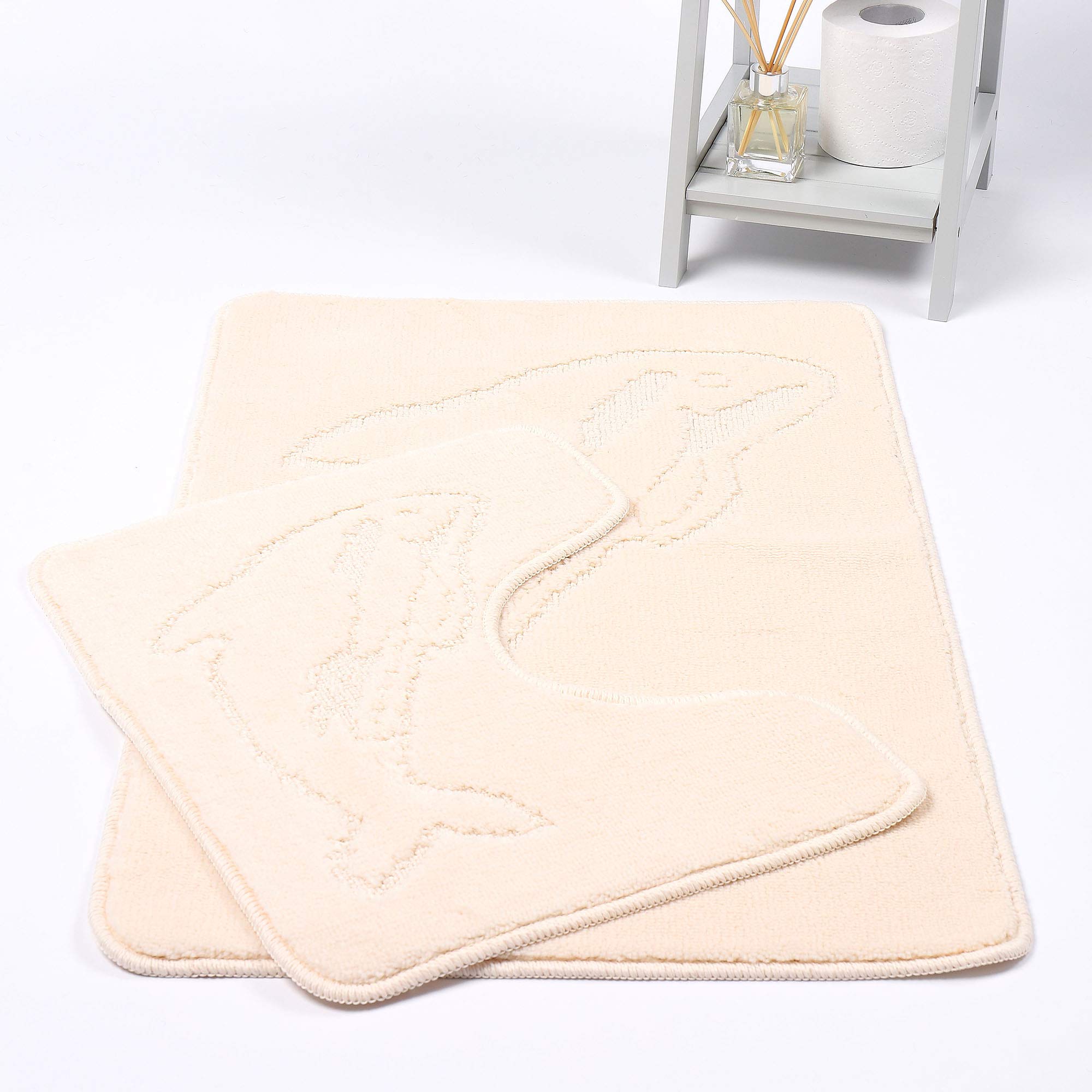HOMES-LINEN Dolphin Bath Mats Non Slip Bathroom Mats 2 Piece Pedestal and Bath Mat Set Toilet Bathroom Rug (Cream)