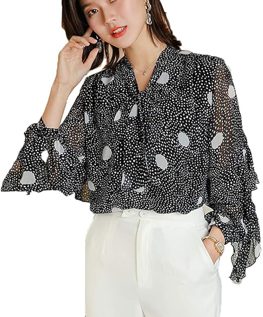 Amazon Jinpin ブラウス レディース ドット シャツ 花柄 長袖 フリル袖 春夏秋 シフォン リボン とろみ 春服 Vネック フレア オフィス ゆったり ファッション 水玉 エレガント 通勤ol シャツ ブラウス 通販