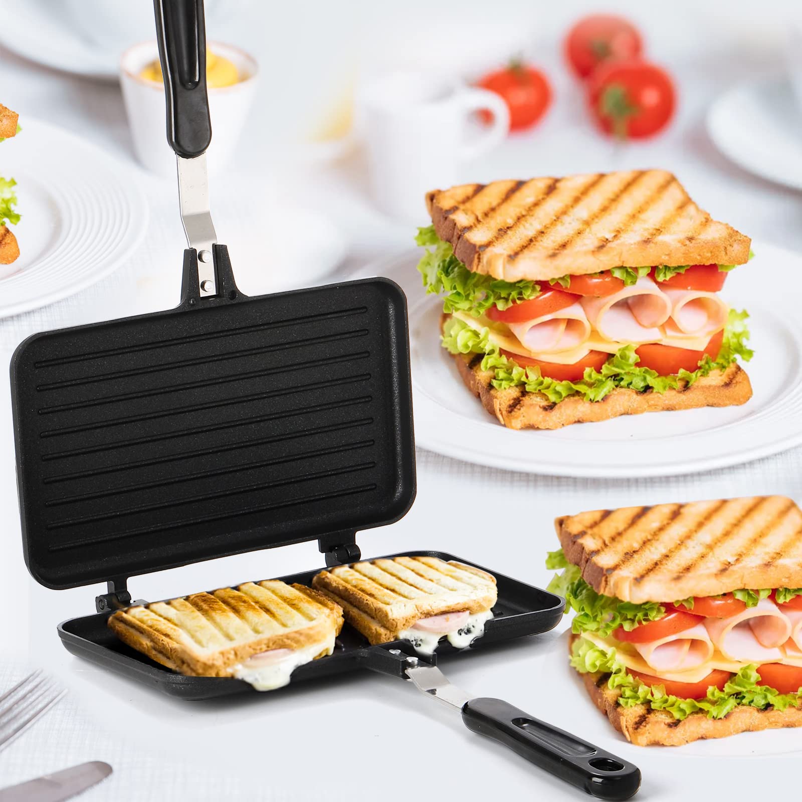 SOUJOY Sandwich Maker, Non-stick Grill Panini Maker Pan with Handle, Stovetop Toasted Aluminum Flip Pan Indoor Outdoor Camping Home Kitchen Breakfast
