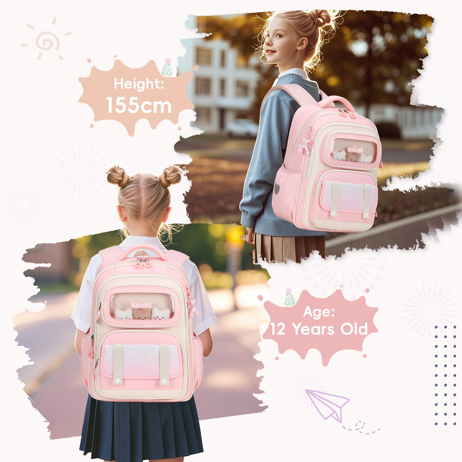 Tanou Schultasche Mädchen Rucksack Kinder Ergonomic Schulrucksack Kinderrucksack der 1. bis 5. Klasse Lässiger Ranzen Teenager für die Schule Reisen, 20 Liter, Rosa 6