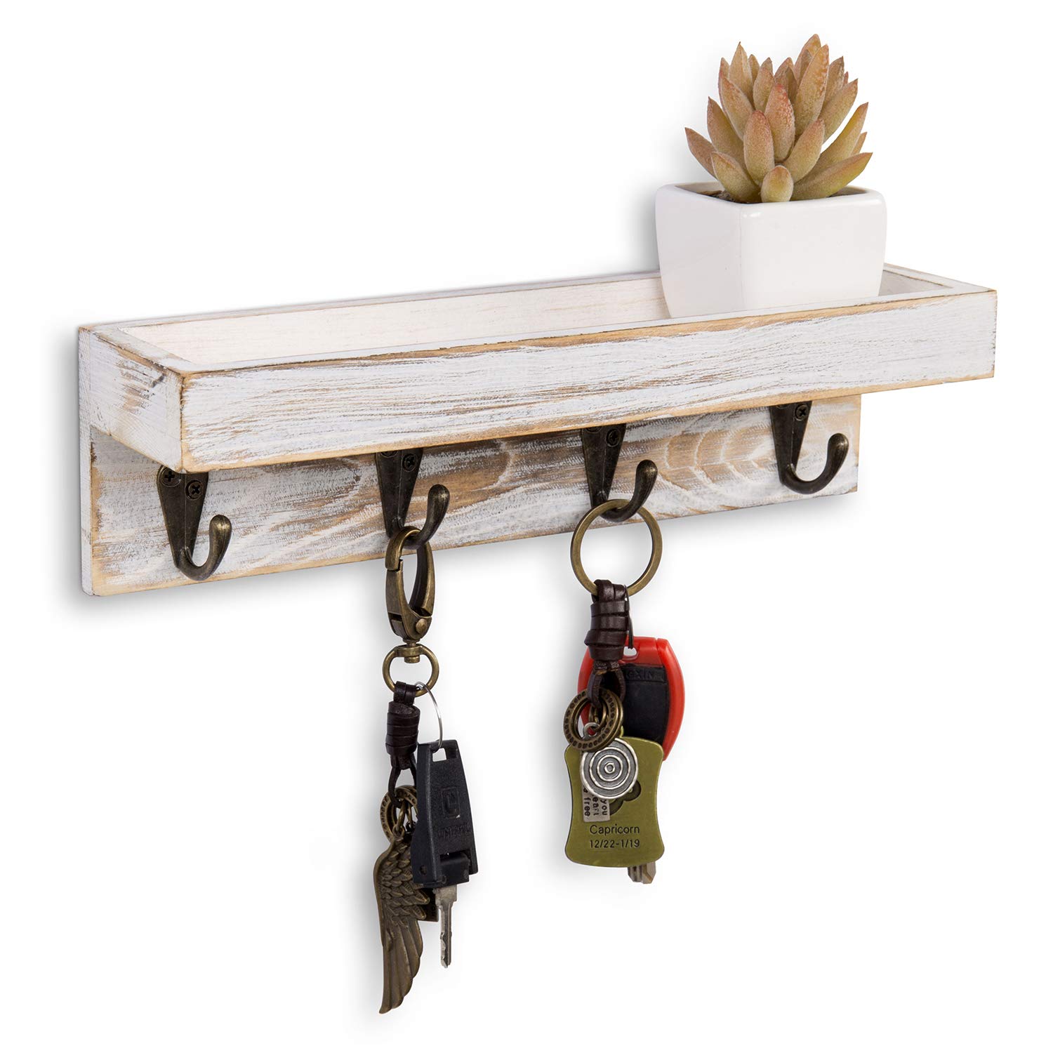 Photo 1 of MyGift 10 Inch Floating Wall Shelf with Hooks, Whitewashed Wood Entryway Storage Shelf with 4 Metal Key Hooks