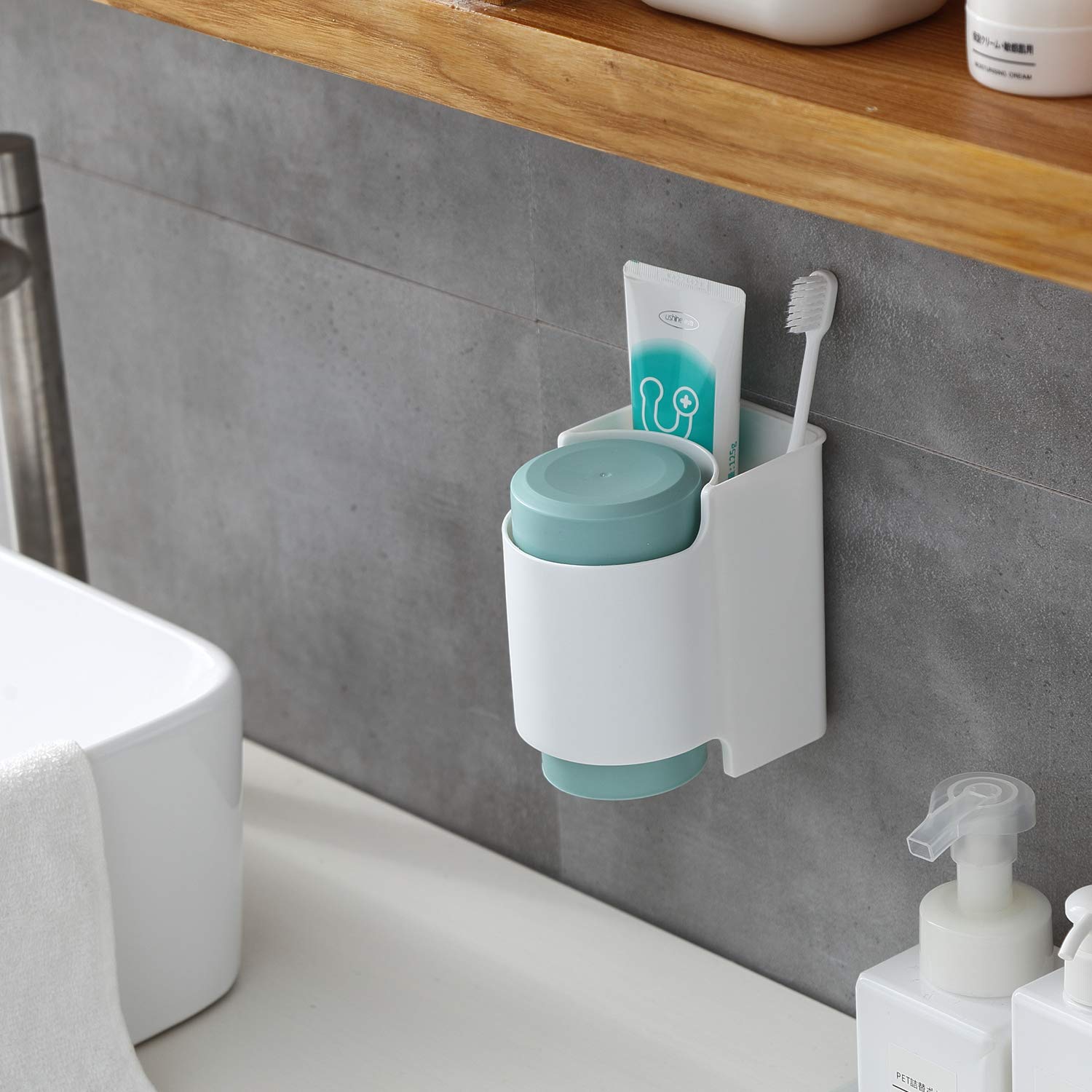Taozun Toothbrush Holder - Self Adhesive Toothbrush Toothpaste Holder Set Bathroom Toothbrush Organizer with 2 Cups, No Drilling