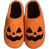 YeeSupe Halloween Slippers for Men Women Fluffy Plush Warm House Slippers with Ghost Pumpkin Bat Design Non-Slip Home Spooky Shoes