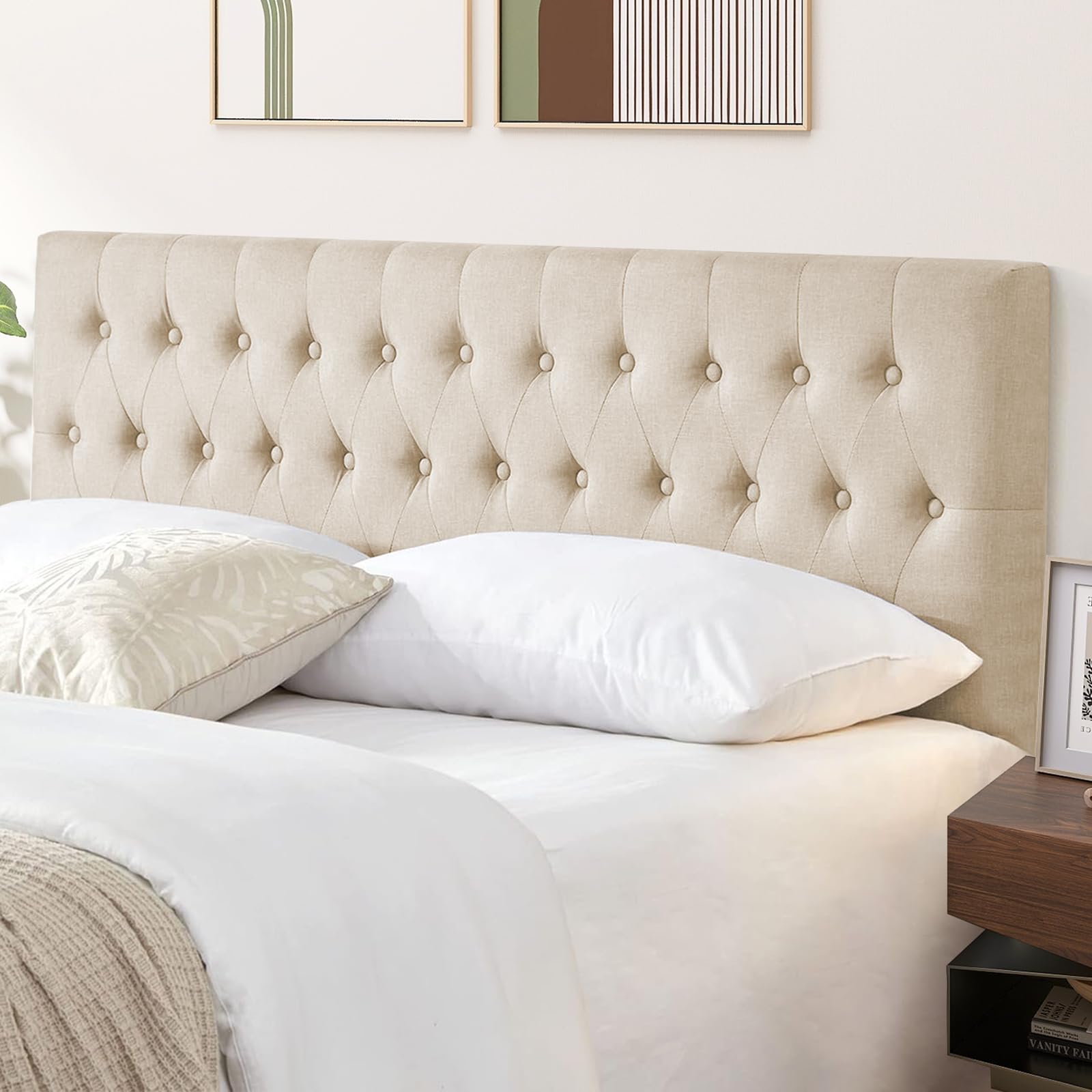 Photo 1 of Kingfun Tufted Upholstered Queen Size Bed Headboard in Modern Button Design, Adjustable Solid Wood Head Board, Premium Linen Fabric Padded Headboards in Bedroom (Beige, Queen)