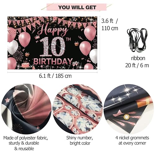 Happy 10 Years Birthday Banner – Roségold, 90x180 Cm | Vinyl-Poster Für Die Geburtstagsdeko | Mit 4 Ösen Zum Aufhängen