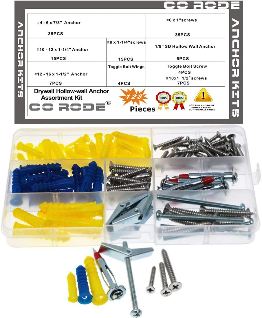 CO-RODEDrywall Anchors, CO RODE 123PCS Drywall Screws Self Drilling Hollow-Wall Anchor Molly Bolt Toggle Bolts Kit