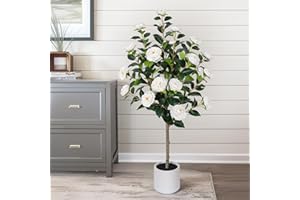 YEPDIN 47 inch Artificial Camellia Tree with White Flower Pots - White Fake Tree,4 Ft Faux Plants Indoor wich Blooming,Artificial Plants for Indoor & Outdoor Home Front Door Decor
