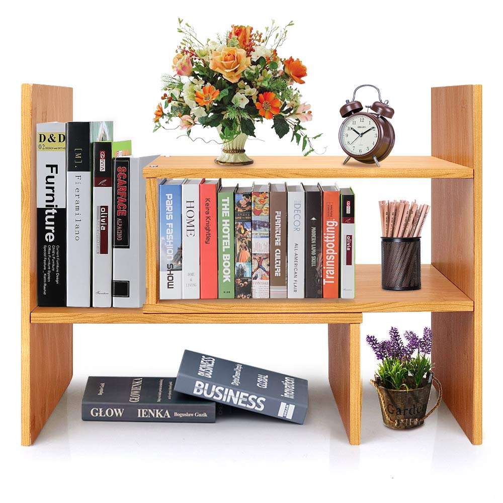 Bamboo Desk Storage Organizer, Desktop Display Shelf Rack, Multipurpose Bookshelf for Office & Home, Expandable Desktop Stand Bookshelf, Office Storage Rack - Free Style Displa Natural Stand Shelf