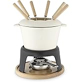 Twine Cast Iron Fondue Set with Metal Stand and Forks, Chocolate Melting Pot, Cheese Fondue Kit Set, Hosting Essentials 8.5", Off-Cream