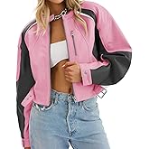 Tankaneo Womens Faux Leather Bomber Jackets Cropped Zip Up Color Block Fall Casual Moto Biker Coats