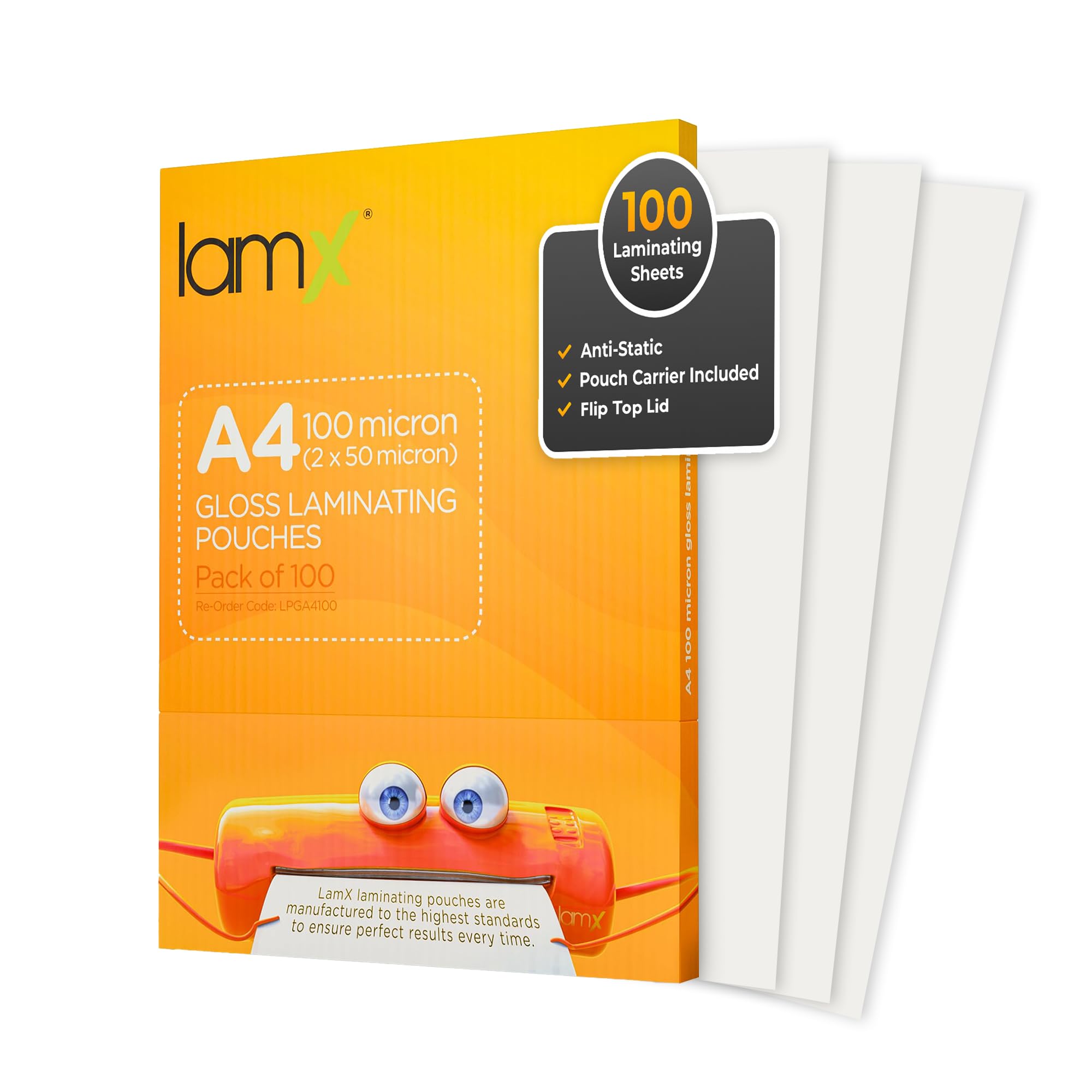 LamX Laminating Pouches A4 100 Micron, High Gloss Finish Sheets, Anti-Static Formula Laminating Pouches A4, 100 Micron (50+50 Micron) Pack of 100 Laminating Sheets, Free Pouch Carrier Included