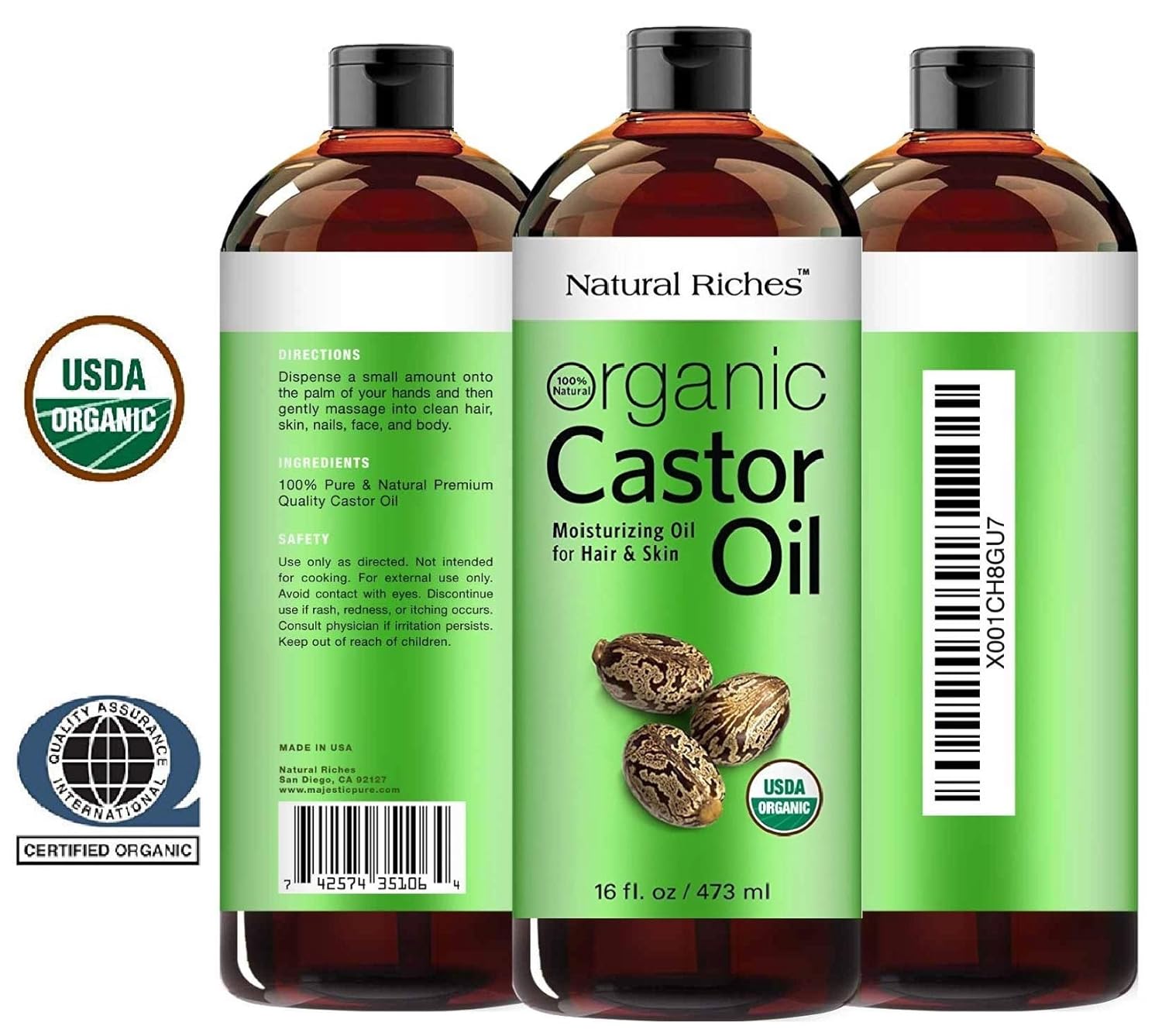 Organic Castor Oil Cold pressed USDA Organic certified pure for Dry Skin, Hair Loss, Dandruff & Thick Hair - Moisturizes heals Scalp, Skin, Hair growth, Thicker Eyelashes & Eyebrows - 16 fl. oz. Natural Riches : Beauty