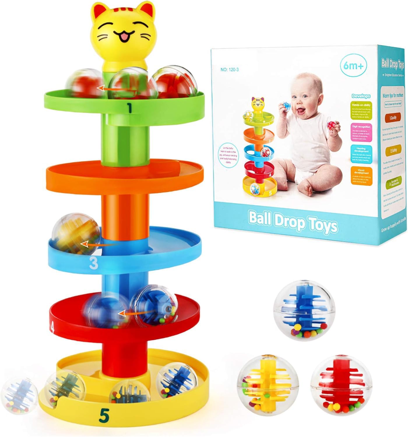 Muslecid Ball Drop, 5 Layers Ball - Ramp Balls Drop Toy Colorful Rolling Tower Funny Swirling Children Puzzle Game Baby Educational Toys for 1 2 Year Old Boy Girl Toddlers (120-3)