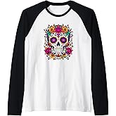 Colorful Sugar Skull Floral Art Dia de los Muertos Raglan Baseball Tee