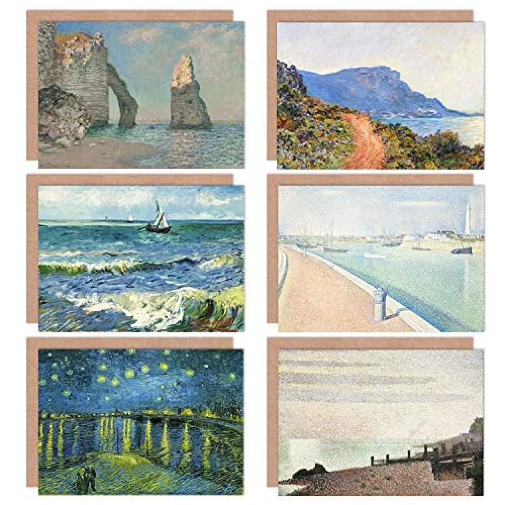 Artery8 Seurat Monet Van Gogh Starry Night Cliffs Landscape Mixed Fine Art Greeting Card Pack of 6