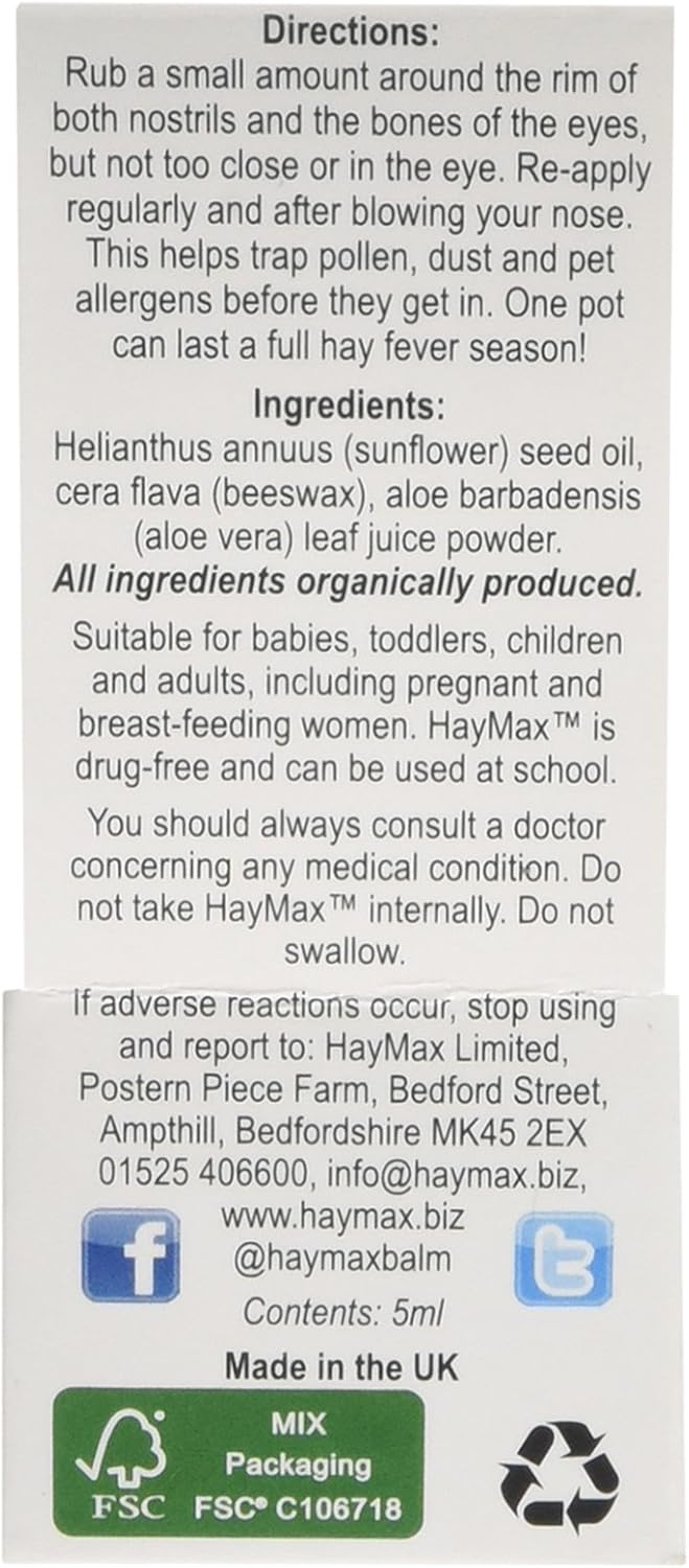 HayMax Allergen Barrier Balm, Aloe Vera 5ml, Organic, Natural & Non-Drowsy Hay Fever & Allergy Relief Balm, Blocks Pollen - Image 3