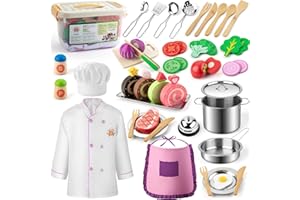 EFO SHM 44PCS Play Kitchen Accessories, Wooden Play Food, Kids Kitchen Pretend Play Toys with Stainless Steel Play Pots & Pans Sets, Apron & Chef Clothes, Kitchen Toys for Toddlers Preschoolers Kids
