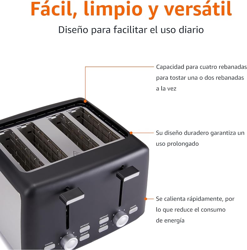 Amazon Basics 4 Torradeira de fatias com 7 níveis de torrefação e bandeja de migalhas removível, slots extra largos, 800W, preto