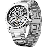 FORSINING Men's Luxury Automatic Skeleton Mechanical Watch, Industrial Style Self-Winding Hollow Watches with Tourbillon & Luminous Function, Stainless Steel Strap Mens Wristwatch
