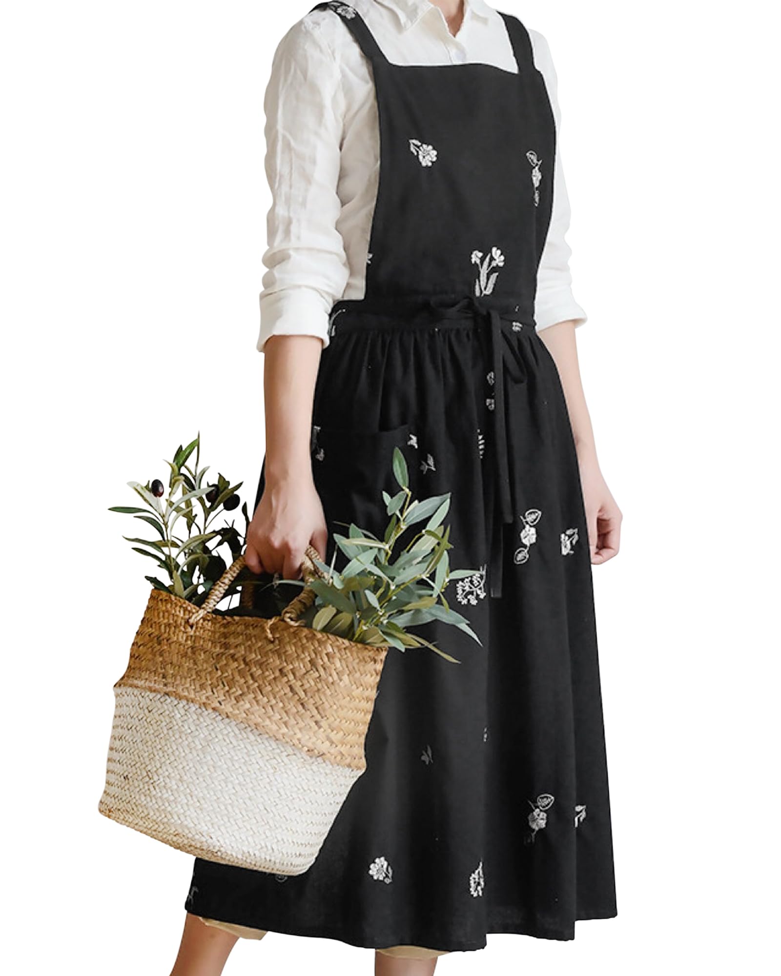 Small snail Japanese Style Women Cotton Floral Apron Waterproof Cross Back Pinafore for Flower Shop Pottery Crafting Baking Casual Sleeveless Aprons with Pockets, Black