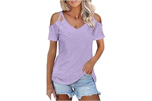 Binmer Women's Summer Short Sleeves Tops Cold Shoulder V Neck Shirts Casual Loose Strappy Eyelet Tee Trendy Going Out Blouse