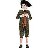 Boys Colonial Child Costume With Jacket, Pants, Scarf, & Hat | Play Pretend And Dress Up Clothes For Halloween