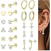 LOFITOR Gold Plated Flat Back Stud Earrings for Women Trendy Stacks Hypoallergenic Surgical Steel Stud Hoop Earrings Set For Multiple Piercing Stainless Steel Cartilage Screw Back Earrings Jewelry Gifts