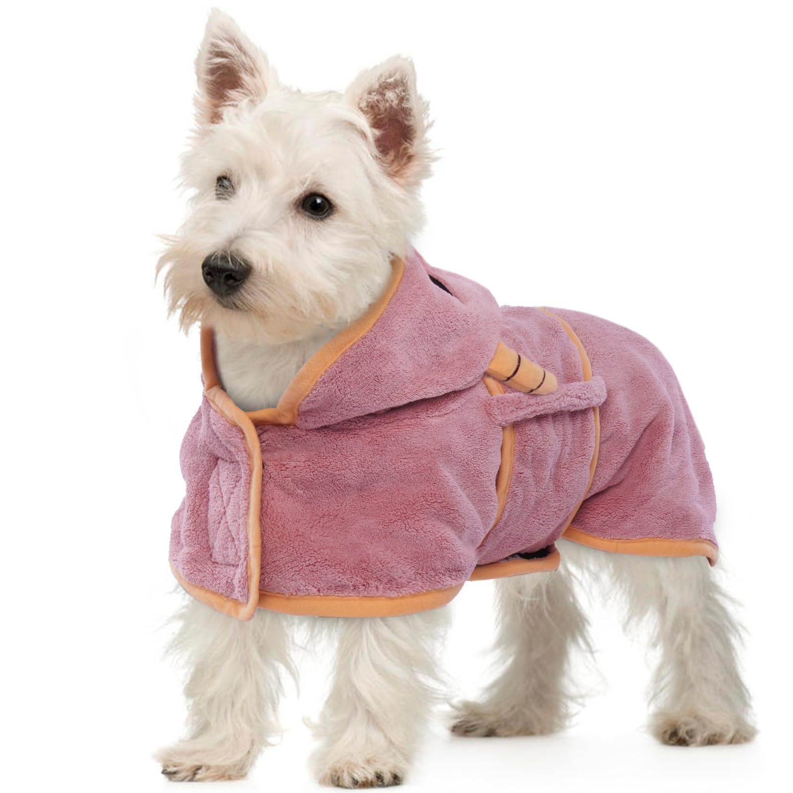OUOBOB Drying Coat, Bathrobe for Dogs, Pink Towel for Small Breeds, Microfibre Robe With Hood & Adjustable Belly Straps - Dachshund, Yorkie, Chihuahua S