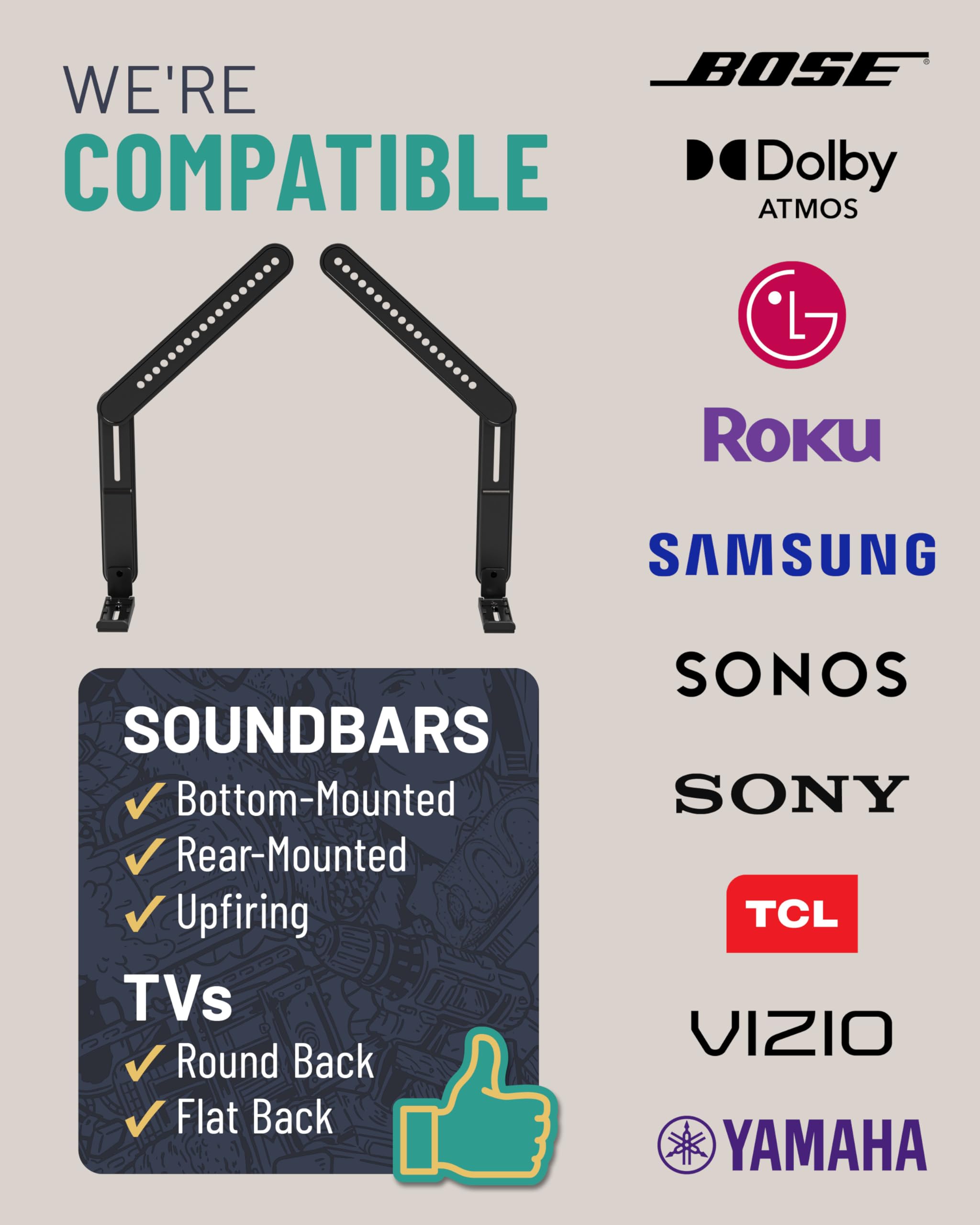 ECHOGEAR Sound Bar Mounting Bracket for Under TV - Adjustable Height & Depth for Max Compatibility Between TV & Soundbar - Dolby Atmos Compatible & Works with LG, Vizio, Bose & More