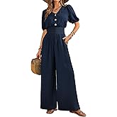 LOOKBOHO Womens Jumpsuits Short Sleeve V Neck Dressy Casual Wide Leg Pants Romper 2026 Summer One Piece Outfits