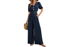 LOOKBOHO Womens Jumpsuits Short Sleeve V Neck Dressy Casual Wide Leg Pants Romper 2025 Summer One Piece Outfits