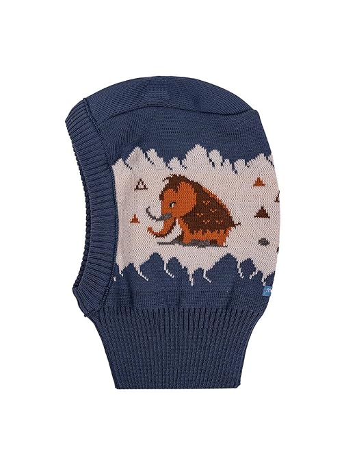 maximo Jungen Baby-Schlupfmütze, Sturmhaube, Schalmütze, Navy-wollweiß, mit Motiv Mammut, doppelwandig, Made in Germany, Gr. 
