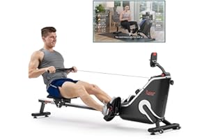Sunny Health & Fitness Flip & Foldable Rowing Machine for Home w/Extended Slide Rail, Full-Body Workout, Low-Impact, Optional Extra Long Rail, Quiet Rail Cover, Water Motion and Free SunnyFit App