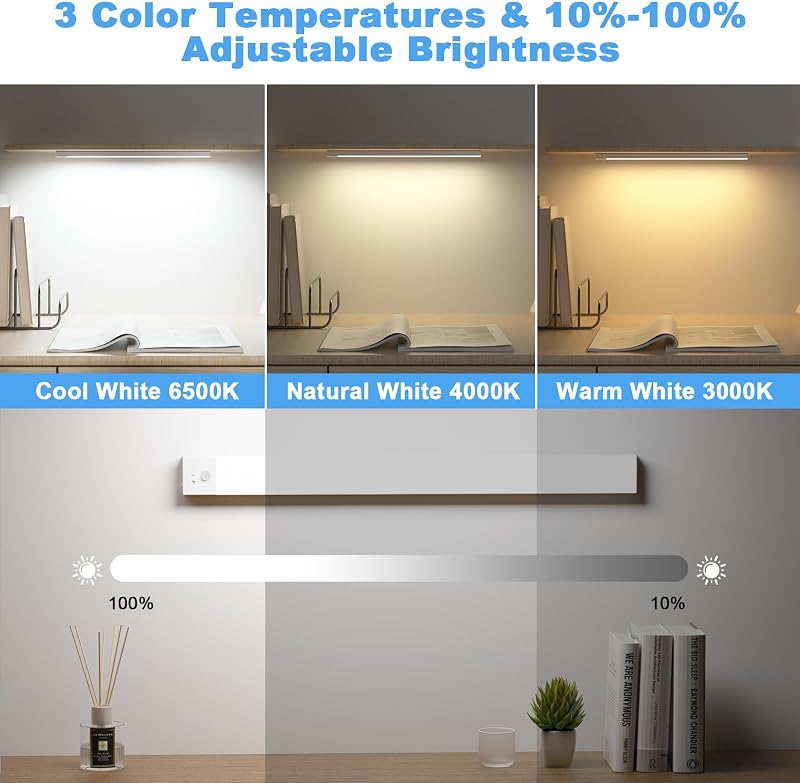 Unterbauleuchte Küche LED 43.5CM, 2 Stück 3 Farbmodi Dimmbar Schrankbeleuchtung, 108LEDs küchenlicht Bewegungsmelder Innen Lampe 2500mAh USB Wiederaufladbar, Leiste Für Regale, Kleiderschrank