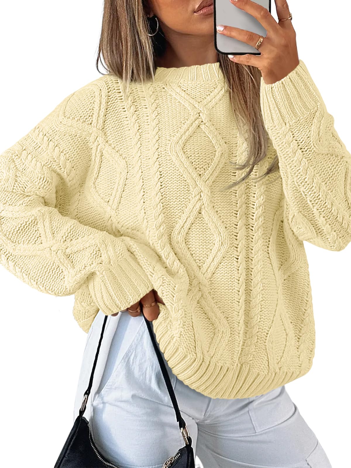 Photo 1 of Trendy Queen Oversized Sweaters Womens 2025 Early Fall Fashion Outfits Cable Knit Crewneck Plus Size Pullover Cute Chunky Long Tunic Top Winter Old Money Clothes with Leggings Essential Clothing