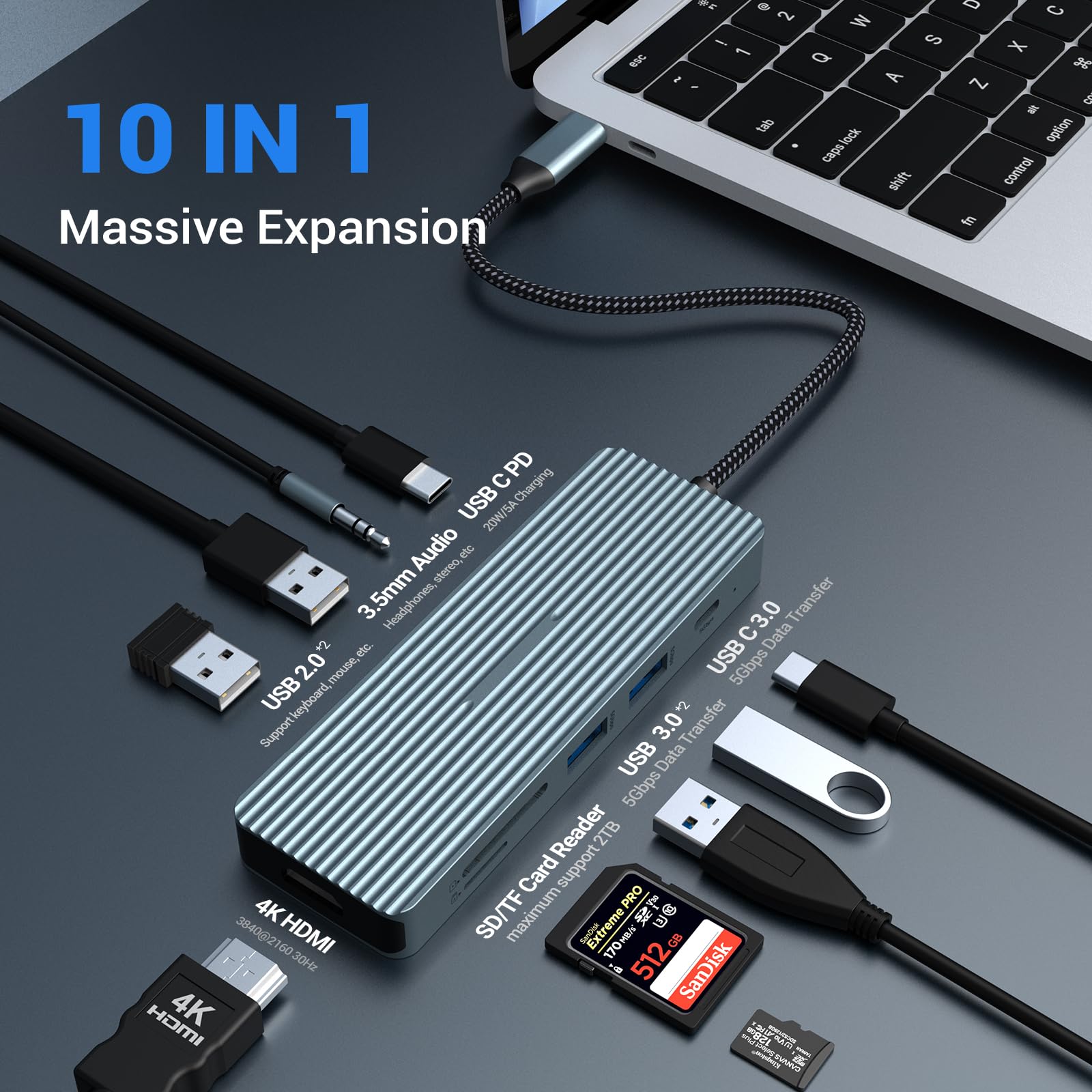 10 in 1 USB C Hub, Oditton Adapter Hub with 4K HDMI, 2 x USB 3.0, USB-C 3.0 Data Transfer, 2 x USB 2.0, 100W PD, SD/TF, 3.5mm Audio Jack for Laptops, iPad