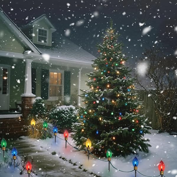 CHYPARTY JUMBO CHRISTMAS PATHWAY LIGHTS OUTDOOR, 7FT 4PCS CONNECTABLE PLUG IN MULTICOLOR DIAMOND WALKWAY LIGHTS FOR DRIVEWAY, FENCE, YARD HOLIDAY DECOR, GREEN WIRE