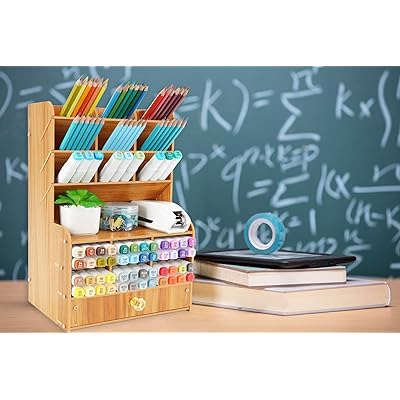 Download Buy Wellerly Wooden Desk Organizer Multi Functional Diy Desktop Pencil Holder With 15 Compartments Stationary Box Storage Rack With Drawer Easy Assembly Home Office School Supply Cherry Color Online In Indonesia B08p4tz8cc