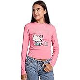 Hello Kitty Talking On Phone Glitter Print Women's Pink Long Sleeve Baby Tee