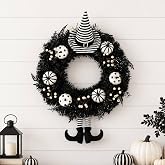 Grooy 22 Inch Halloween Wreath for Front Door with Striped Hat, Legs | White Pumpkins Berry Wreath, Halloween Party Home Decor, Black Gothic Wreath Decorations for Porch Wall, Holiday Gift