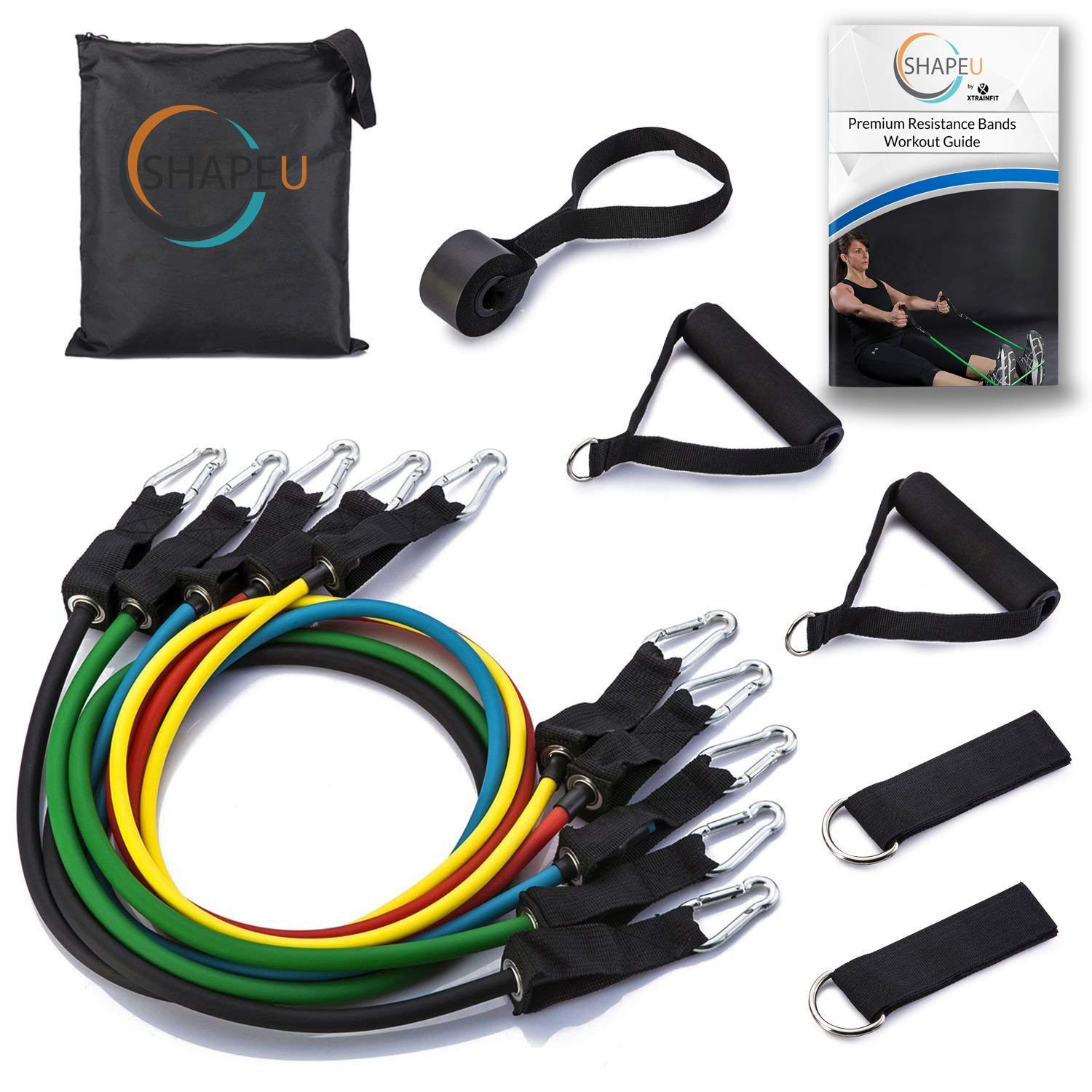 SHAPEU Resistance Band 11 Piece Set - Includes 5 Exercise Bands with Carrying Bag, Door Anchor, Ankle Straps, Exercise Guide with Bonus Digital Workouts and Workout EBook