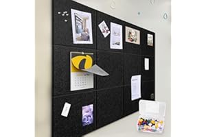 ZHIDIAN Felt Wall Tiles Bulletin Board with Removable Adhesive, 47"x35" Black Cork Board Alternative with 40 Push Pins, 12 Pack Large Office Cork Tile Pin Board Felt Squares for Walls